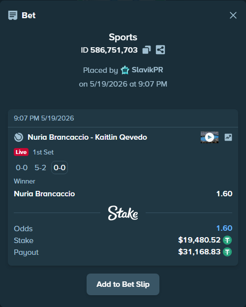 Bet slip: Nuria Brancaccio - Kaitlin Qevedo, $19,500.00 stake at 1.60 odds, placed by SlavikPR