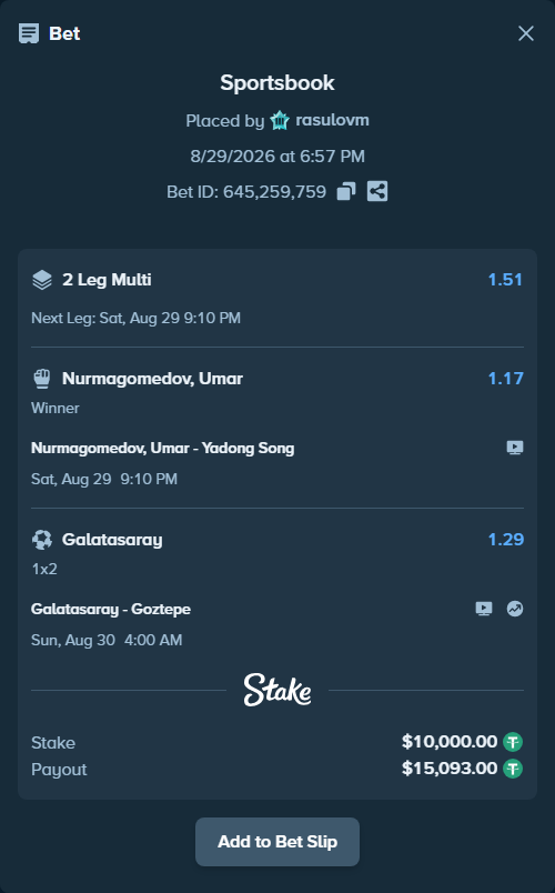 Bet slip: Nurmagomedov, Umar - Yadong Song, $10,000.00 stake at 1.17 odds, placed by rasulovm