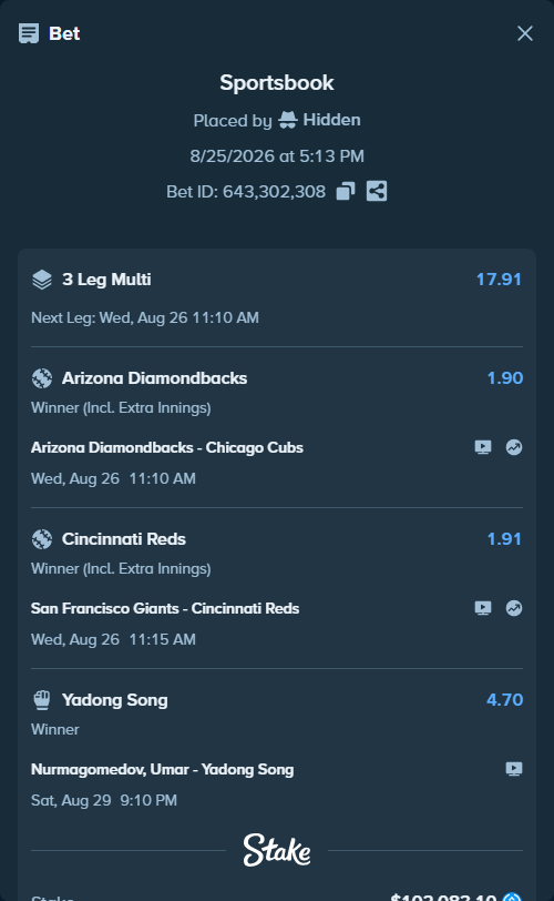 Bet slip: Nurmagomedov, Umar - Yadong Song, $102,083.10 stake at 4.70 odds, placed by Hidden