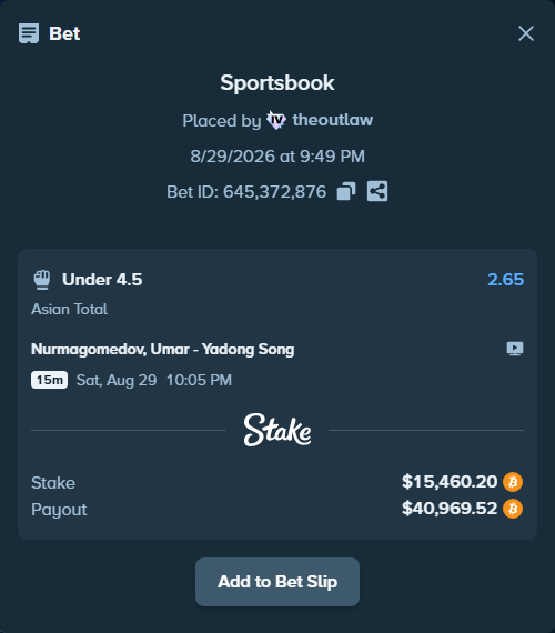 Bet slip: Nurmagomedov, Umar - Yadong Song, $15,483.41 stake at 2.65 odds, placed by theoutlaw