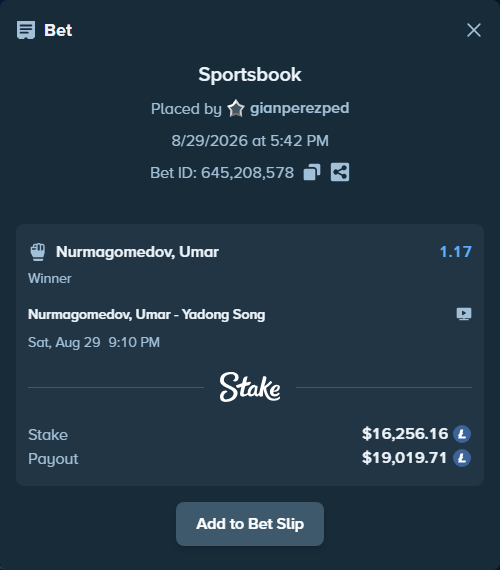 Bet slip: Nurmagomedov, Umar - Yadong Song, $16,193.10 stake at 1.17 odds, placed by gianperezped
