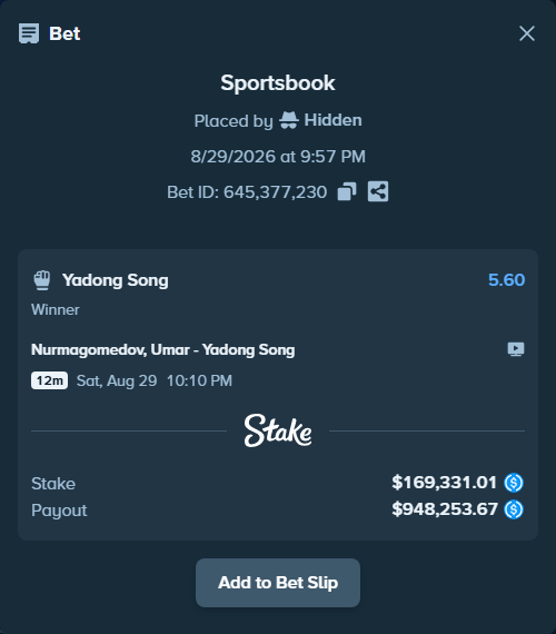 Bet slip: Nurmagomedov, Umar - Yadong Song, $169,331.01 stake at 5.60 odds, placed by Hidden