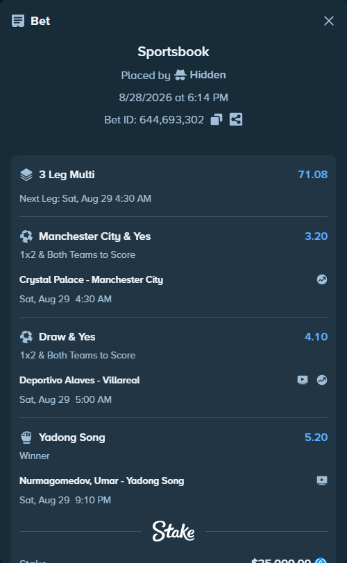 Bet slip: Nurmagomedov, Umar - Yadong Song, $35,000.00 stake at 5.20 odds, placed by Hidden