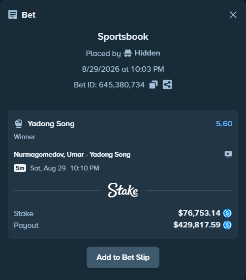 Bet slip: Nurmagomedov, Umar - Yadong Song, $76,753.14 stake at 5.60 odds, placed by Hidden