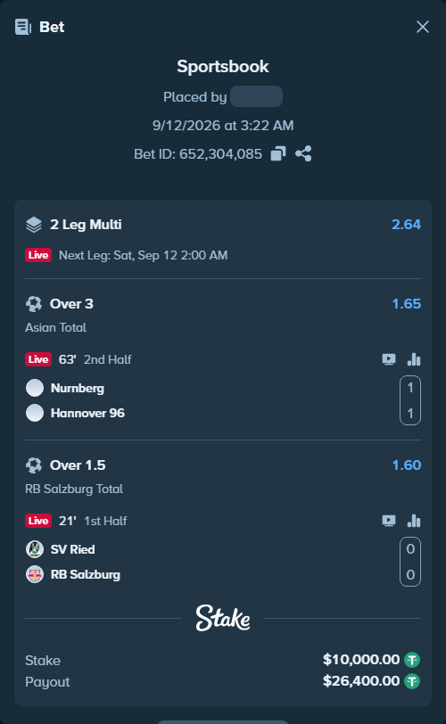 Bet slip: Nurnberg - Hannover 96, $10,000.00 stake at 1.65 odds, placed by tlwns4736