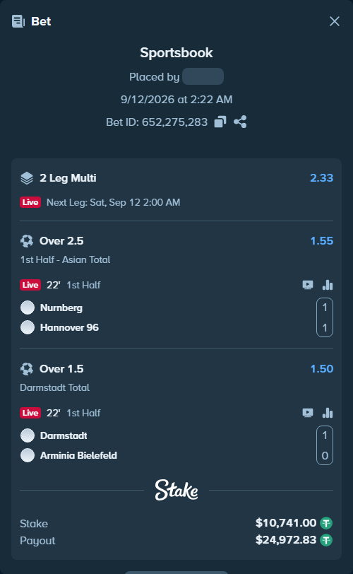 Bet slip: Nurnberg - Hannover 96, $10,741.00 stake at 1.55 odds, placed by tlwns4736