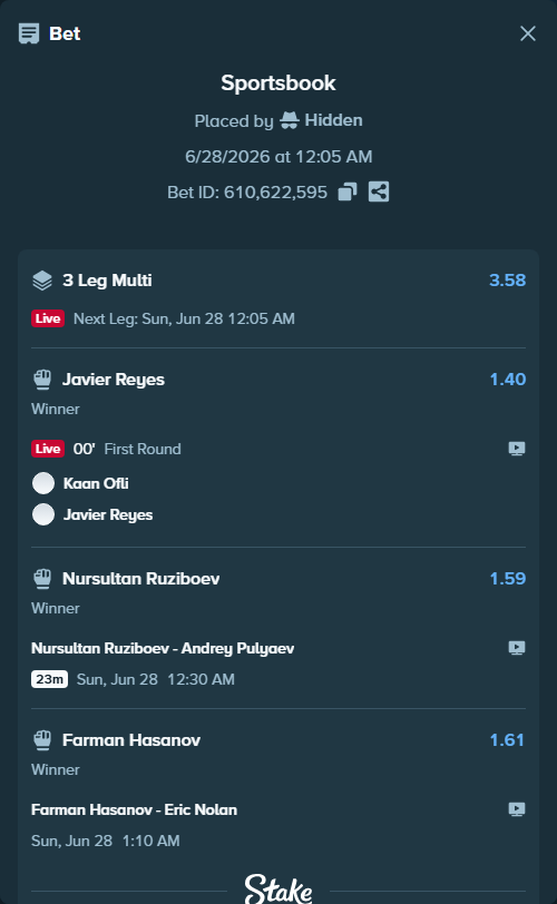 Bet slip: Nursultan Ruziboev - Andrey Pulyaev, $10,983.21 stake at 1.59 odds, placed by Hidden