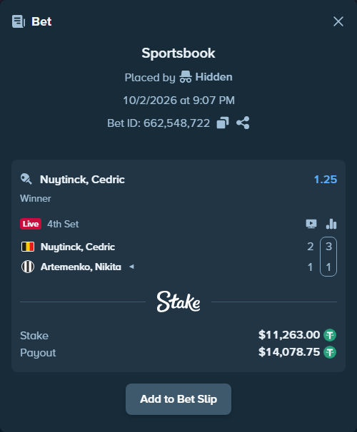 Bet slip: Nuytinck, Cedric - Artemenko, Nikita, $11,263.00 stake at 1.25 odds, placed by Hidden