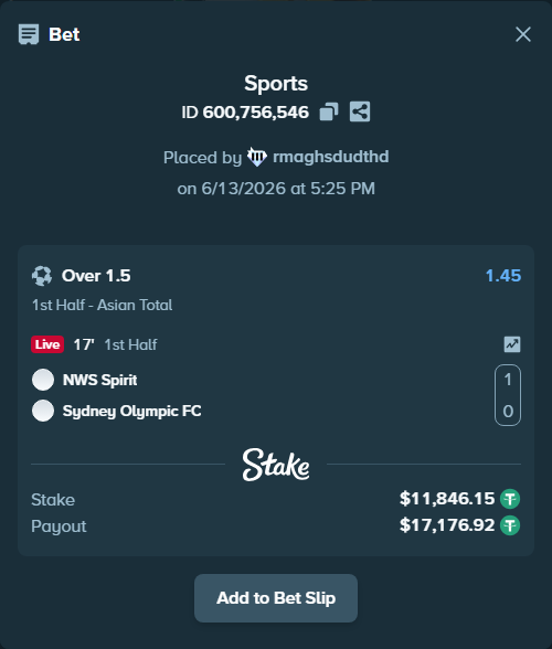 Bet slip: NWS Spirit - Sydney Olympic FC, $11,858.00 stake at 1.45 odds, placed by rmaghsdudthd