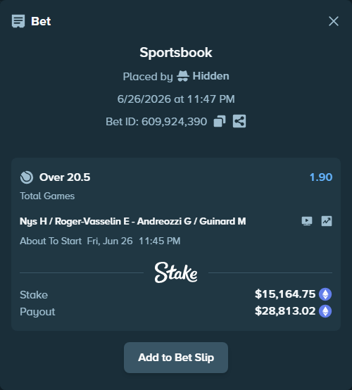Bet slip: Nys H / Roger-Vasselin E - Andreozzi G / Guinard M, $15,735.49 stake at 1.90 odds, placed by Hidden