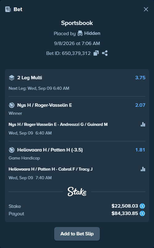 Bet slip: Nys H / Roger-Vasselin E - Andreozzi G / Guinard M, $22,508.03 stake at 2.07 odds, placed by Hidden