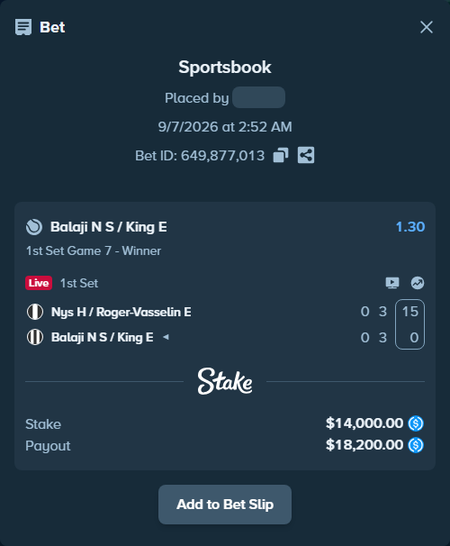 Bet slip: Nys H / Roger-Vasselin E - Balaji N S / King E, $14,000.00 stake at 1.30 odds, placed by kuwkuw