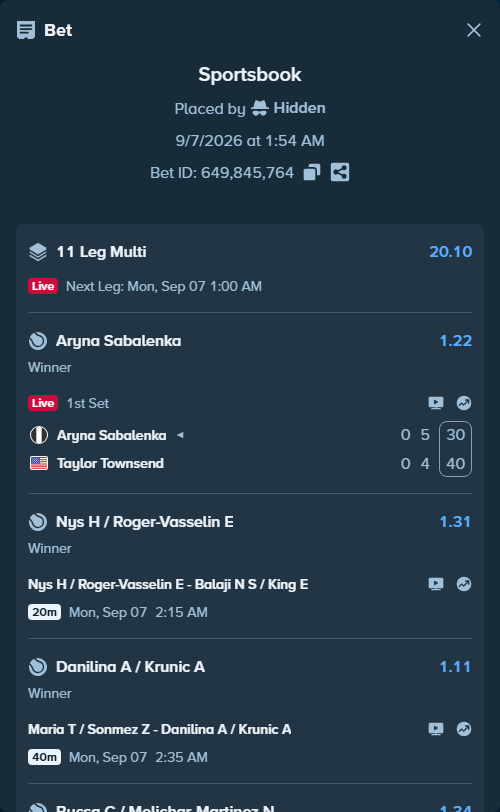 Bet slip: Nys H / Roger-Vasselin E - Balaji N S / King E, $24,995.00 stake at 1.31 odds, placed by Hidden