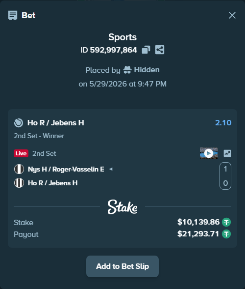 Bet slip: Nys H / Roger-Vasselin E - Ho R / Jebens H, $10,150.00 stake at 2.10 odds, placed by Hidden
