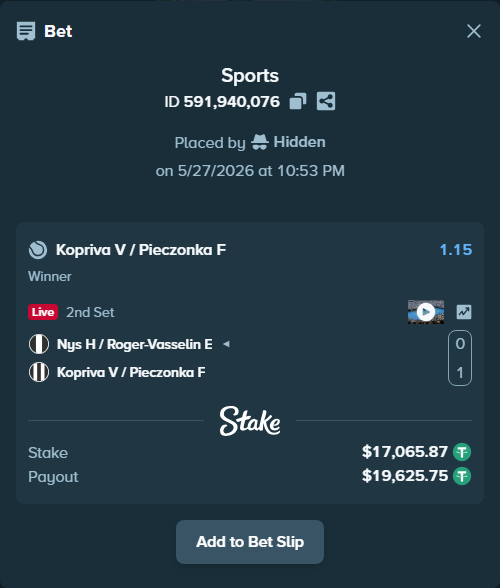 Bet slip: Nys H / Roger-Vasselin E - Kopriva V / Pieczonka F, $17,100.00 stake at 1.15 odds, placed by Hidden