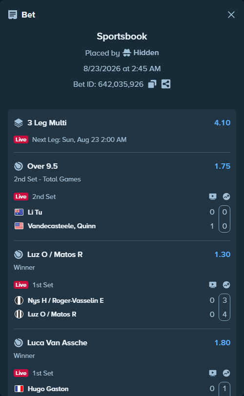 Bet slip: Nys H / Roger-Vasselin E - Luz O / Matos R, $10,000.00 stake at 1.30 odds, placed by Hidden