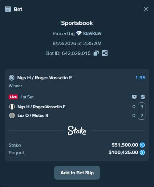 Bet slip: Nys H / Roger-Vasselin E - Luz O / Matos R, $51,500.00 stake at 1.95 odds, placed by kuwkuw