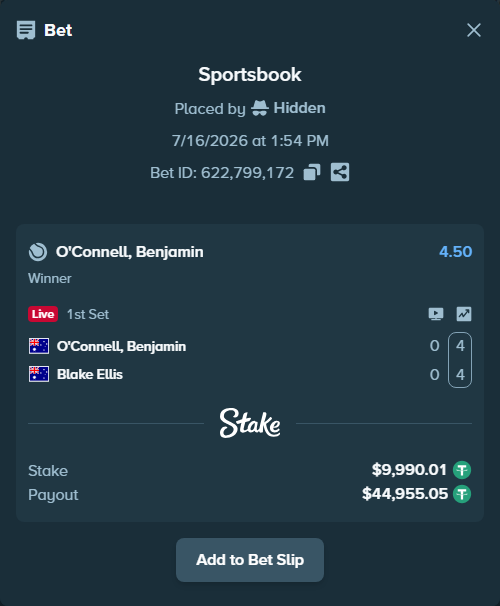 Bet slip: O'Connell, Benjamin - Blake Ellis, $10,000.00 stake at 4.50 odds, placed by Hidden