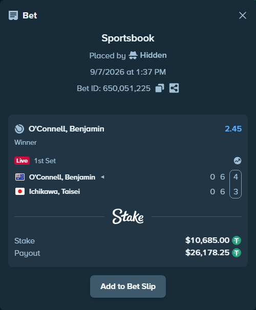 Bet slip: O'Connell, Benjamin - Ichikawa, Taisei, $10,685.00 stake at 2.45 odds, placed by Hidden