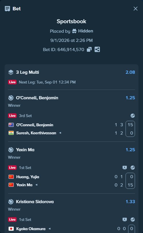 Bet slip: O'Connell, Benjamin - Suresh, Keerthivassan, $18,157.00 stake at 1.25 odds, placed by Hidden