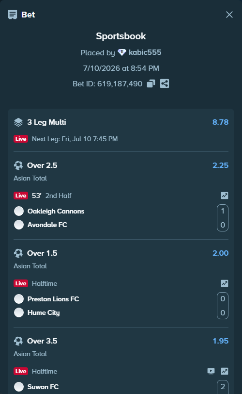 Bet slip: Oakleigh Cannons - Avondale FC, $30,041.13 stake at 2.25 odds, placed by kabic555
