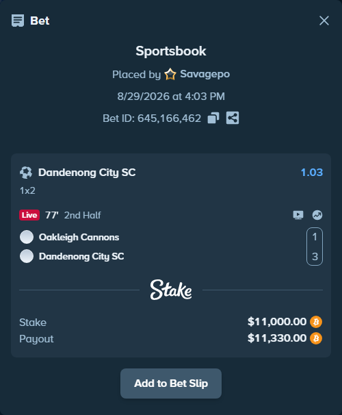 Bet slip: Oakleigh Cannons - Dandenong City SC, $11,015.56 stake at 1.03 odds, placed by Savagepo
