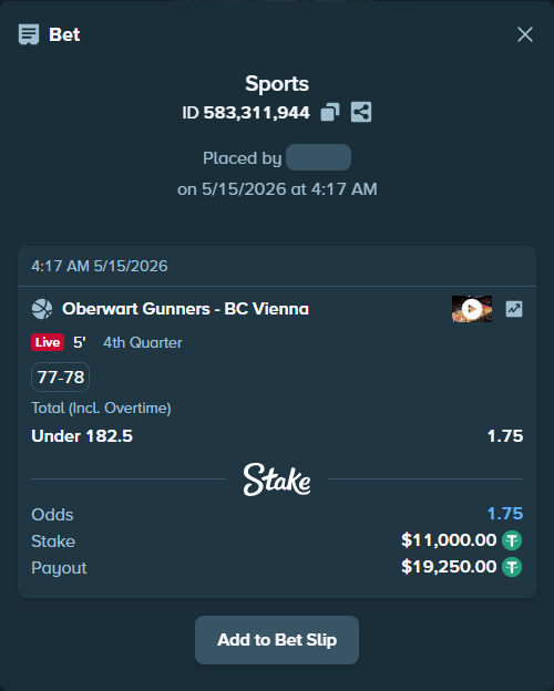 Bet slip: Oberwart Gunners - BC Vienna, $11,000.00 stake at 1.75 odds, placed by Kriski99