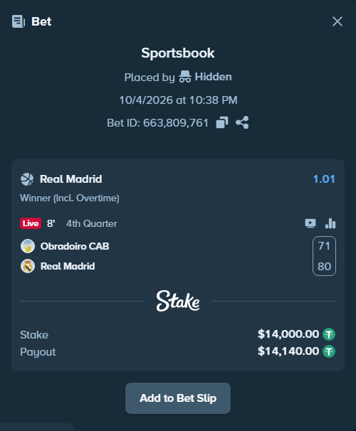 Bet slip: Obradoiro CAB - Real Madrid, $14,000.00 stake at 1.01 odds, placed by Hidden