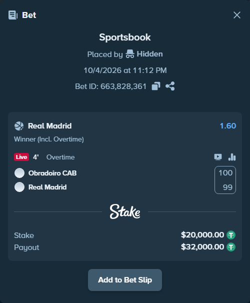 Bet slip: Obradoiro CAB - Real Madrid, $20,000.00 stake at 1.60 odds, placed by Hidden