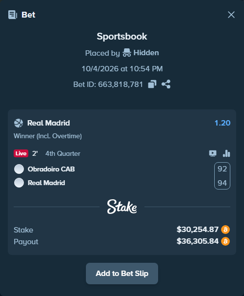 Bet slip: Obradoiro CAB - Real Madrid, $30,229.61 stake at 1.20 odds, placed by hungrybox