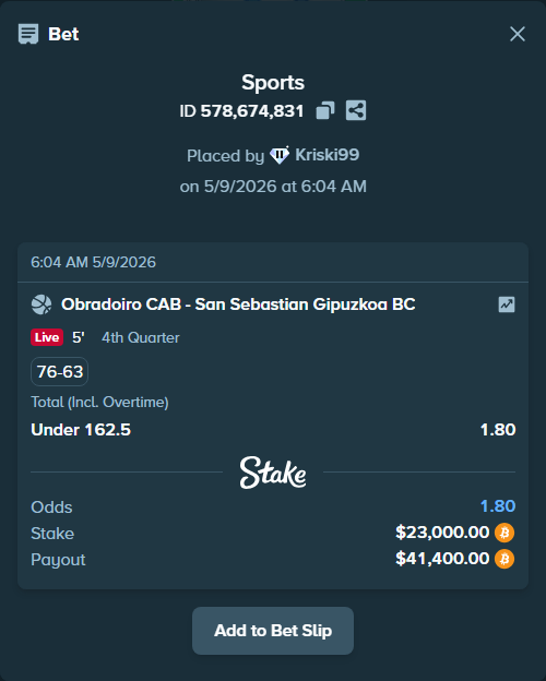 Bet slip: Obradoiro CAB - San Sebastian Gipuzkoa BC, $18,421.94 stake at 1.80 odds, placed by Kriski99