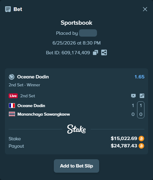 Bet slip: Oceane Dodin - Mananchaya Sawangkaew, $14,715.41 stake at 1.65 odds, placed by Richboyquan