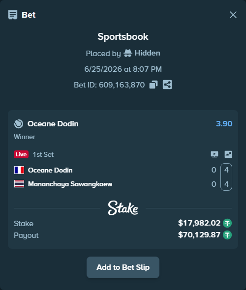 Bet slip: Oceane Dodin - Mananchaya Sawangkaew, $18,000.00 stake at 3.90 odds, placed by Hidden