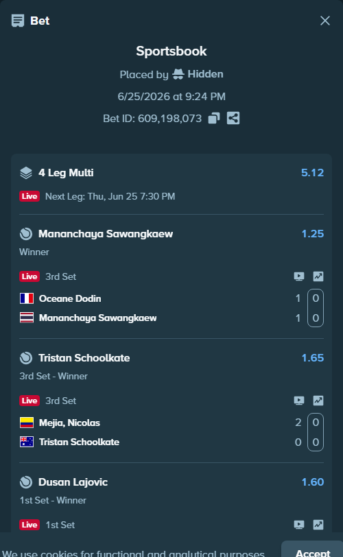 Bet slip: Oceane Dodin - Mananchaya Sawangkaew, $54,370.02 stake at 1.25 odds, placed by Hidden