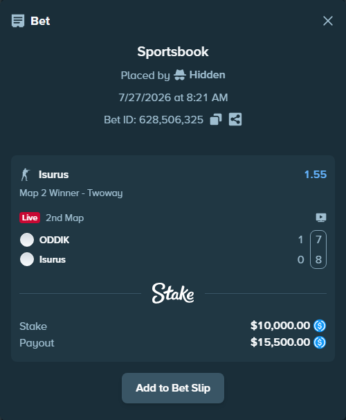 Bet slip: ODDIK - Isurus, $10,000.00 stake at 1.55 odds, placed by Hidden