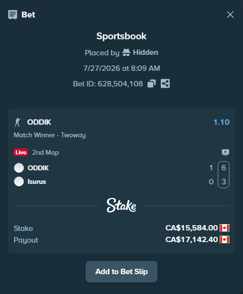 Bet slip: ODDIK - Isurus, $11,532.16 stake at 1.10 odds, placed by Hidden