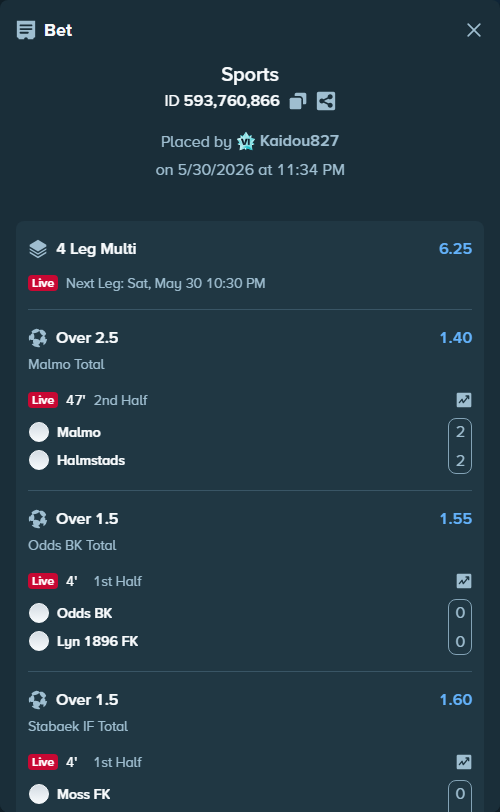 Bet slip: Odds BK - Lyn 1896 FK, $11,388.00 stake at 1.55 odds, placed by Kaidou827
