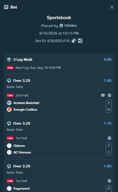 Bet slip: Odense - AC Horsens, $10,000.00 stake at 1.70 odds, placed by Hidden