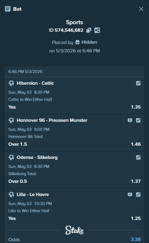 Bet slip: Odense - Silkeborg, $8,763.58 stake at 1.37 odds, placed by Hidden