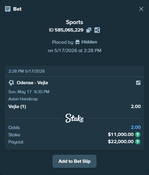 Bet slip: Odense - Vejle, $11,000.00 stake at 2.00 odds, placed by Hidden