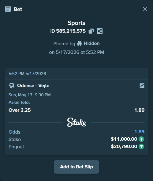 Bet slip: Odense - Vejle, $11,000.00 stake at 1.89 odds, placed by Hidden