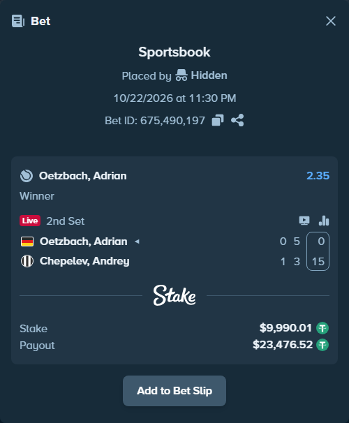 Bet slip: Oetzbach, Adrian - Chepelev, Andrey, $10,000.00 stake at 2.35 odds, placed by Hidden