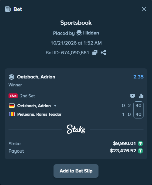 Bet slip: Oetzbach, Adrian - Pieleanu, Rares Teodor, $10,000.00 stake at 2.35 odds, placed by Hidden