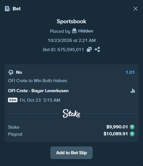 Bet slip: OFI Crete - Bayer Leverkusen, $10,000.00 stake at 1.01 odds, placed by Deb188