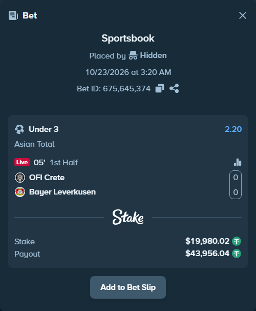 Bet slip: OFI Crete - Bayer Leverkusen, $20,000.00 stake at 2.20 odds, placed by Hidden