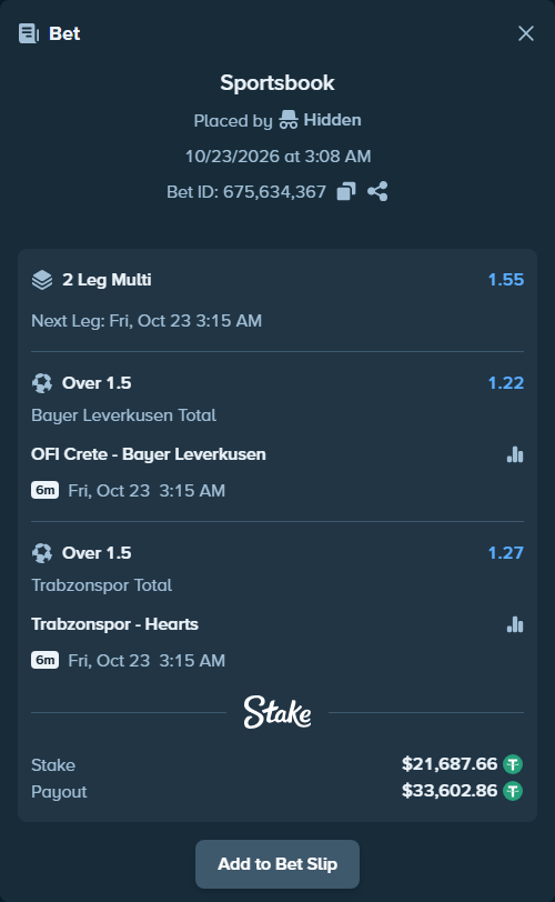 Bet slip: OFI Crete - Bayer Leverkusen, $21,709.35 stake at 1.22 odds, placed by Hidden
