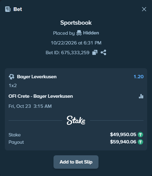 Bet slip: OFI Crete - Bayer Leverkusen, $50,000.00 stake at 1.20 odds, placed by Thor9977