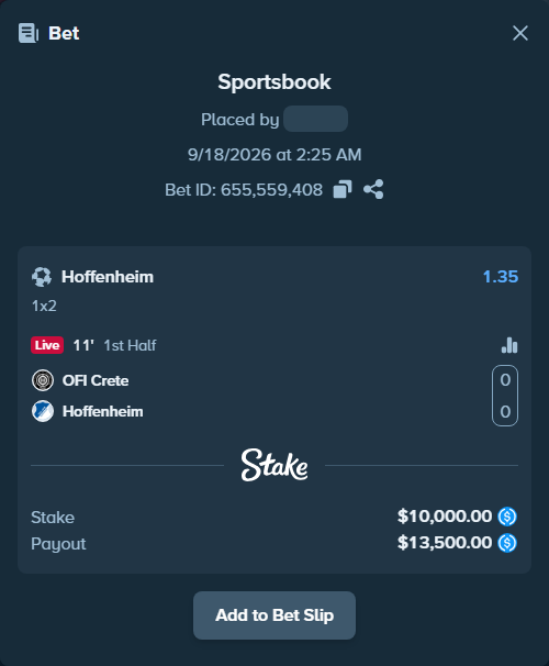 Bet slip: OFI Crete - Hoffenheim, $10,000.00 stake at 1.35 odds, placed by Thamassen