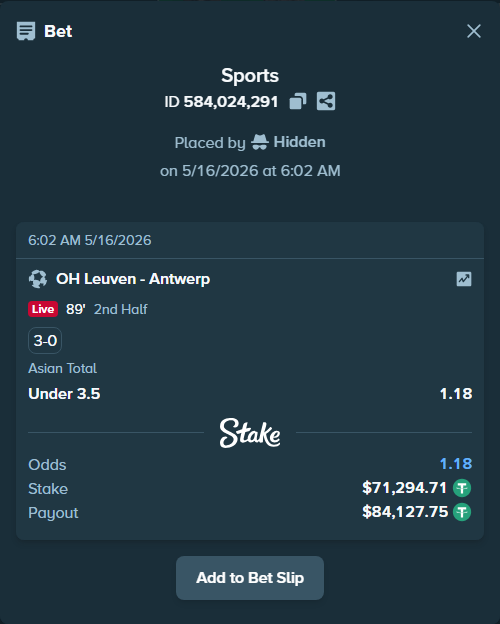 Bet slip: OH Leuven - Antwerp, $71,366.00 stake at 1.18 odds, placed by Hidden