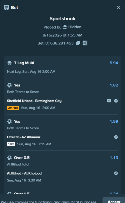 Bet slip: OH Leuven - Club Brugge, $10,120.11 stake at 1.08 odds, placed by Hidden